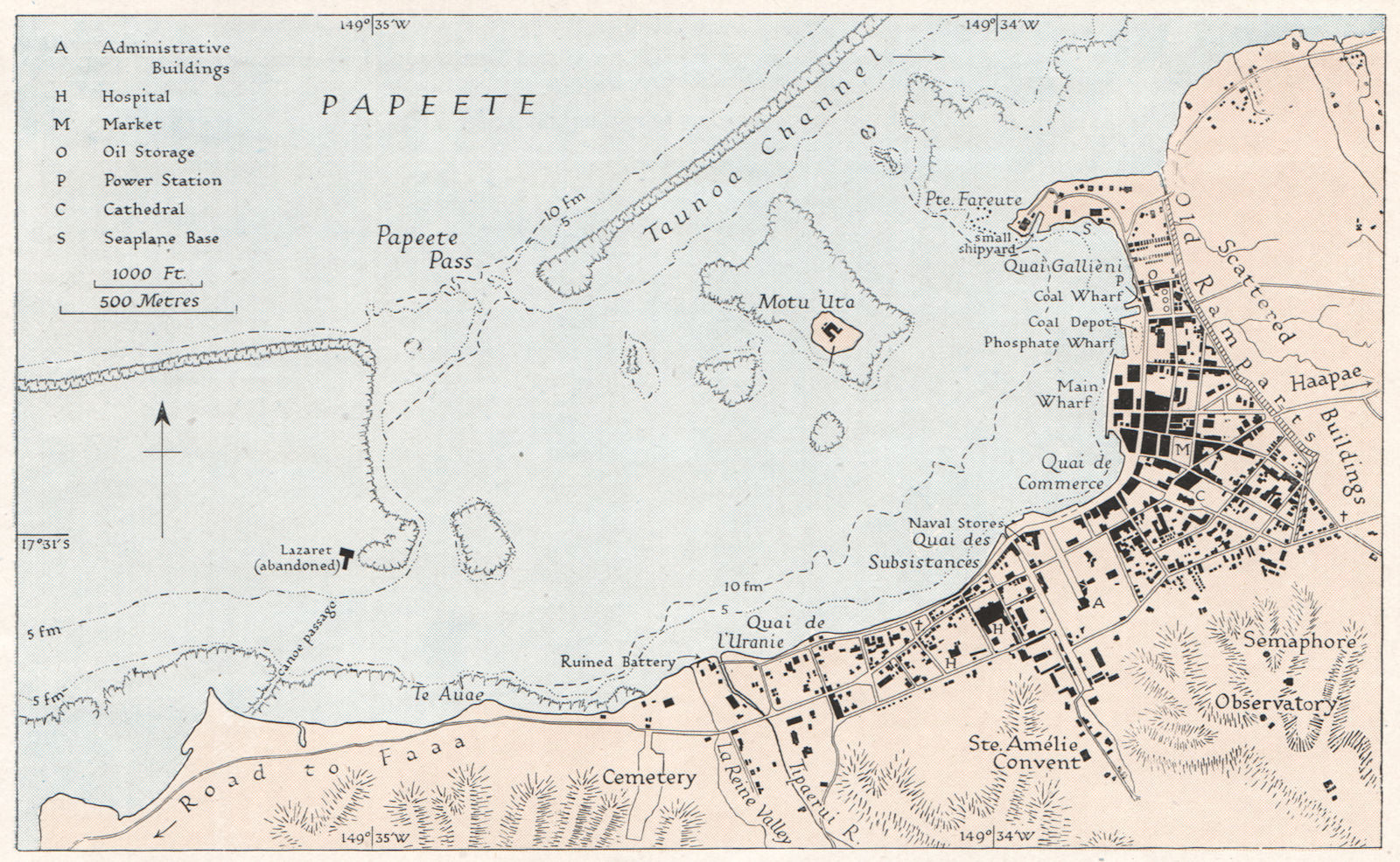 PAPEETE. French Polynesia. WW2 ROYAL NAVY INTELLIGENCE MAP 1943 old